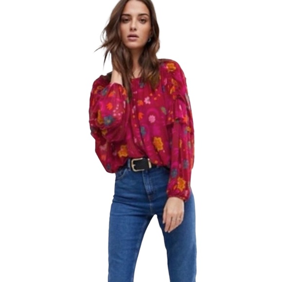 Free People Stretch Mesh Floral Ruffle Blouse Size L - Picture 3 of 4